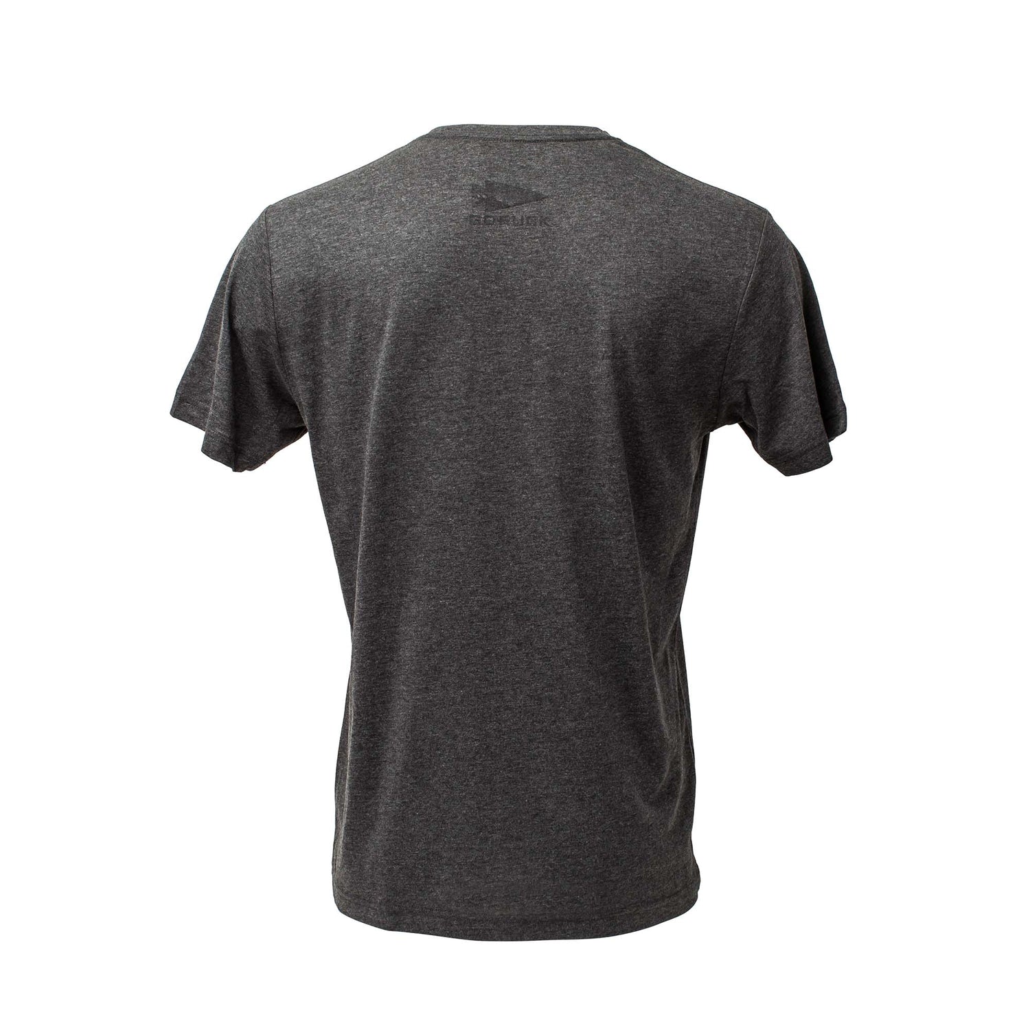 The GORUCK Spearhead Tee - Tri-Blend is a plain dark gray short-sleeve t-shirt made from premium tri-blend fabric, shown from the back on a white background, featuring a subtle spearhead to honor Special Forces heritage.