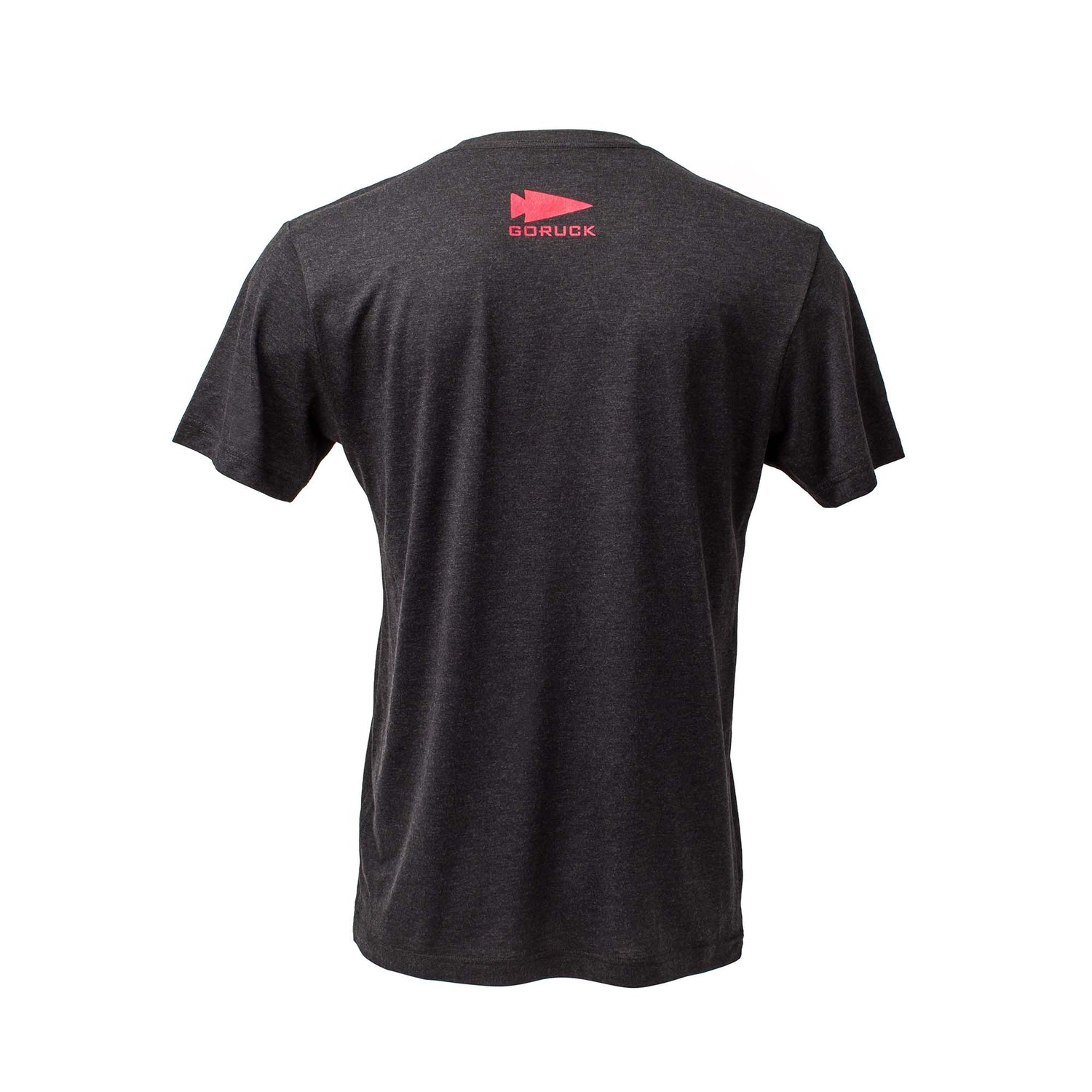 The GORUCK Spearhead Tee - Tri-Blend is shown from the back in dark gray, featuring a small red spearhead logo near the collar.