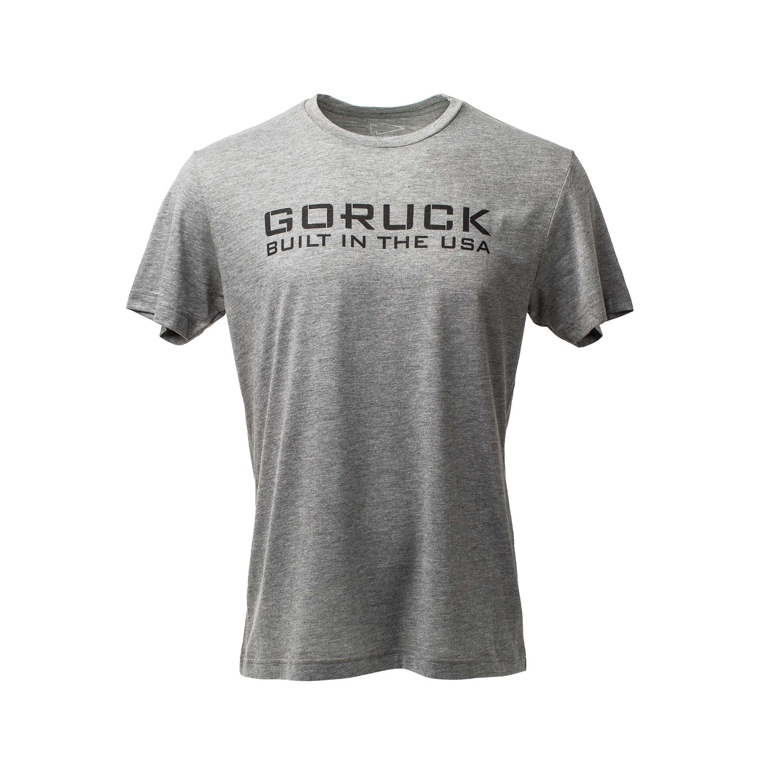 The GORUCK Built in the USA Tee - Tri-BlendX is a gray, short-sleeve premium tri-blend shirt featuring bold black
