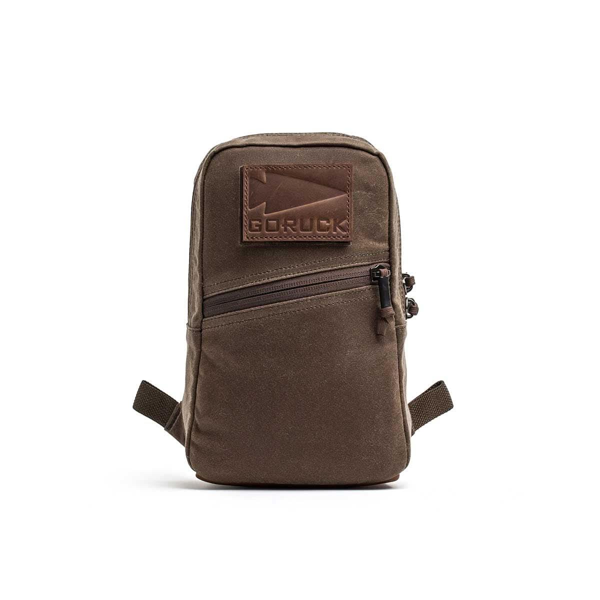 GORUCK Heritage Dark Oak grenade pouch with leather logo patch and zipper pocket on white background
