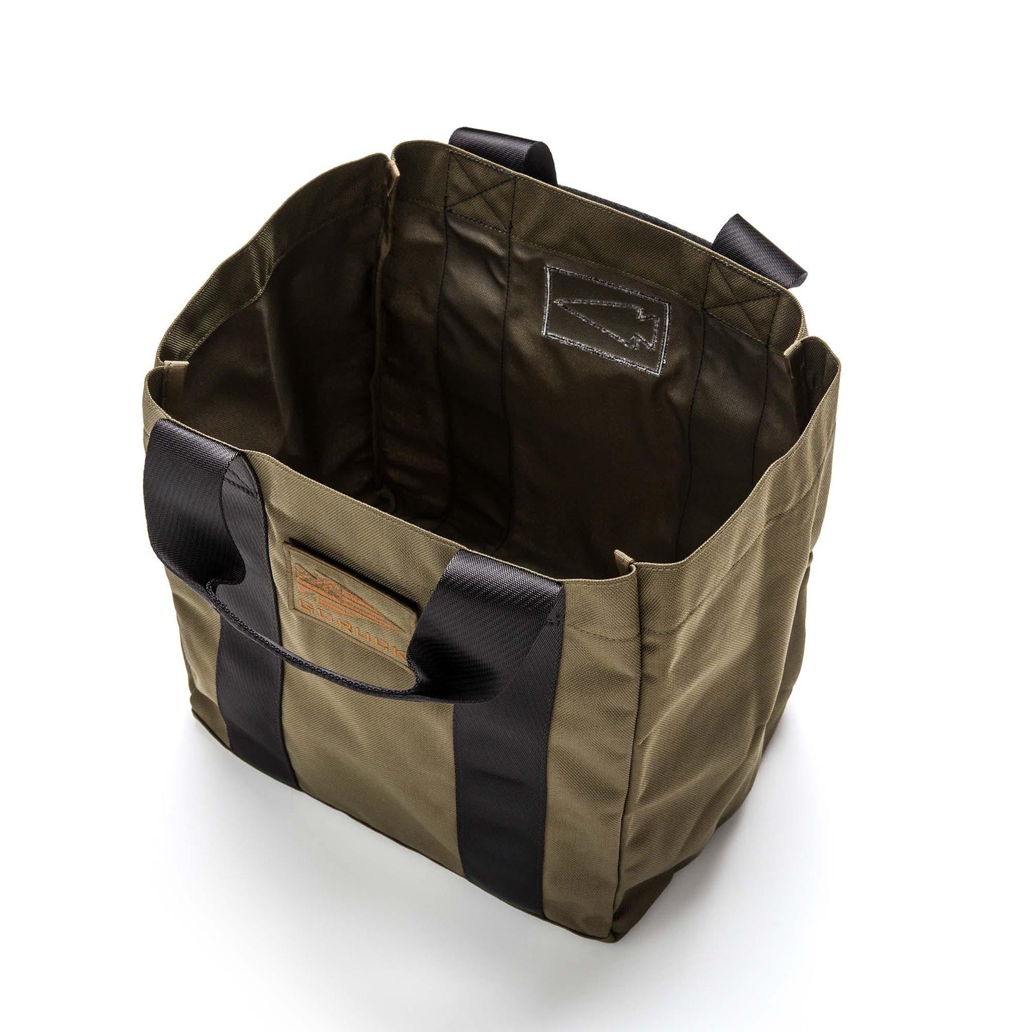 GORUCK Grocery Getter tote bag in Ranger Green with black handles, open top view showing interior