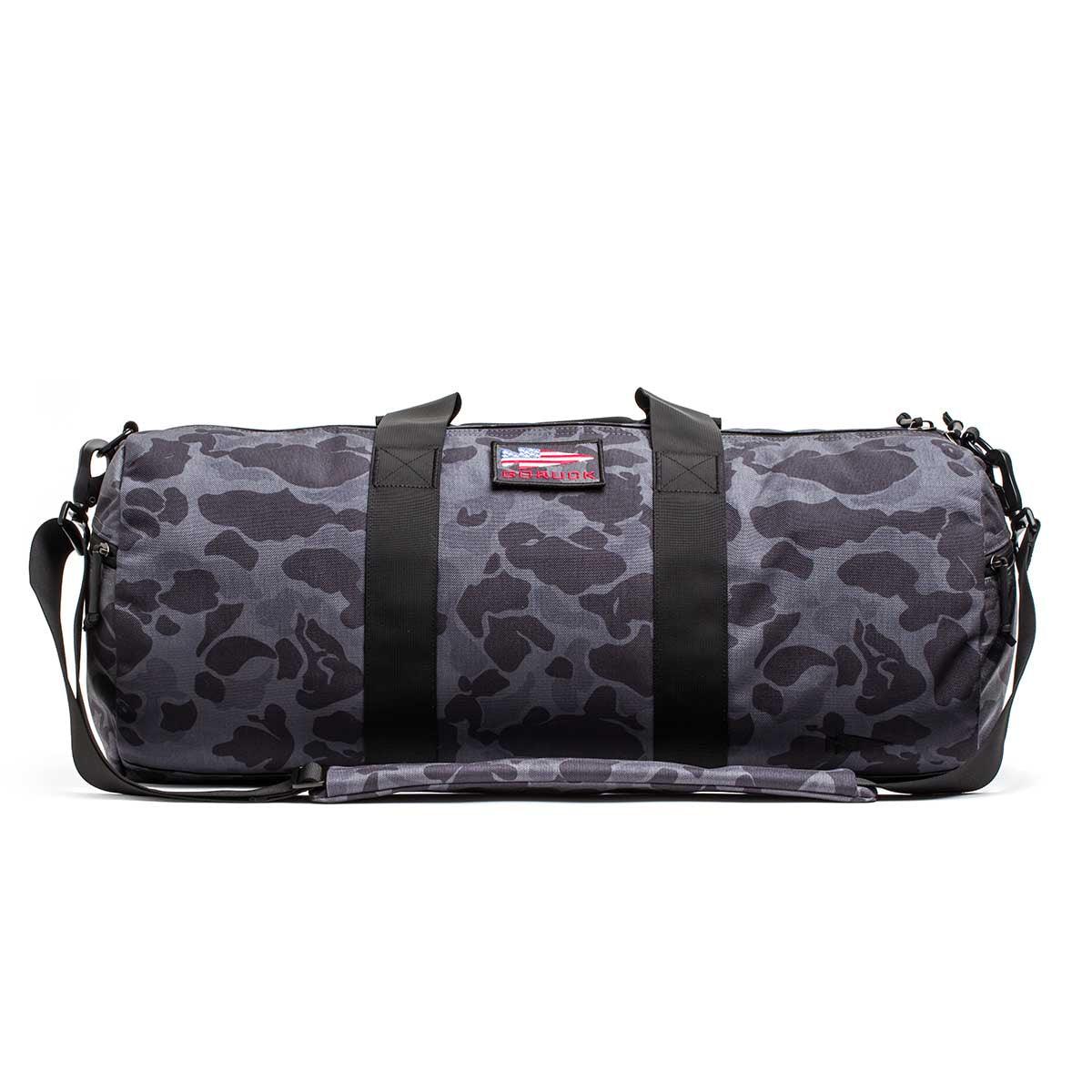 GORUCK 38L gym bag in black frogskin camo with shoulder strap and American flag patch