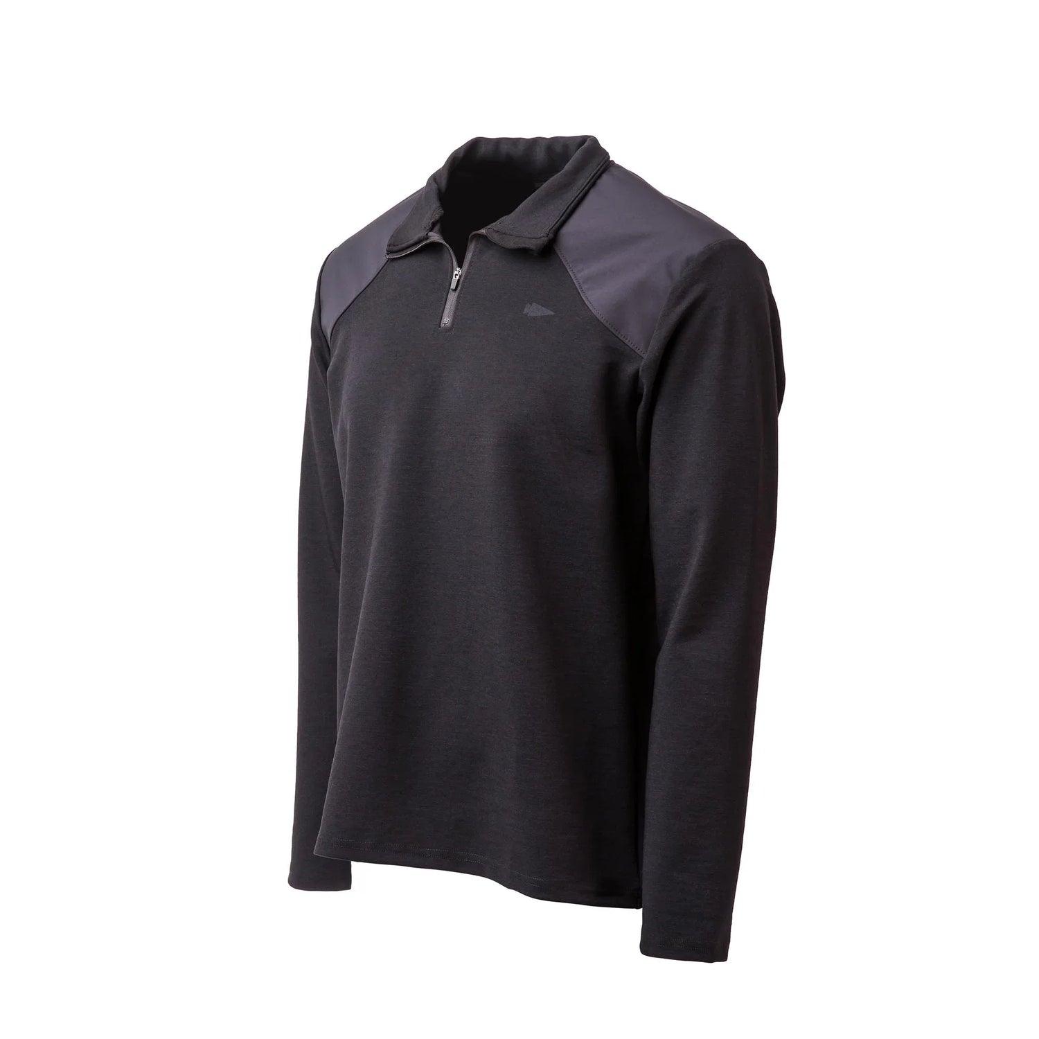 GORUCK Heavy Merino 1/4 zip pullover in black with long sleeves and reinforced shoulders, size large