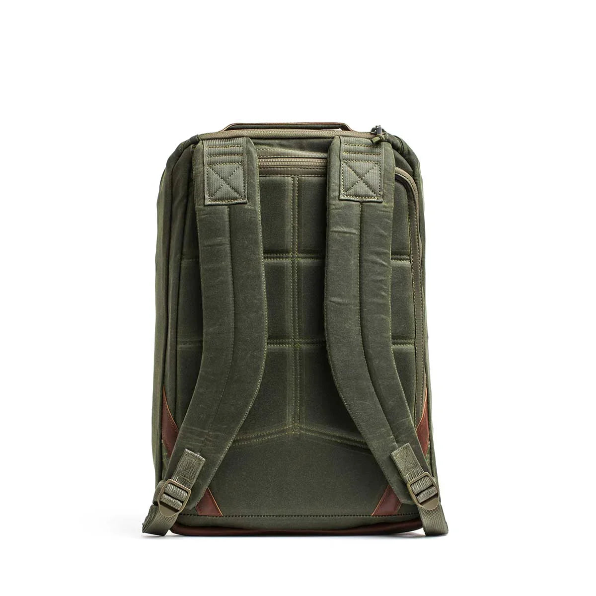 Back view of GORUCK Heritage Ruck 21L in olive with padded shoulder straps and leather accents