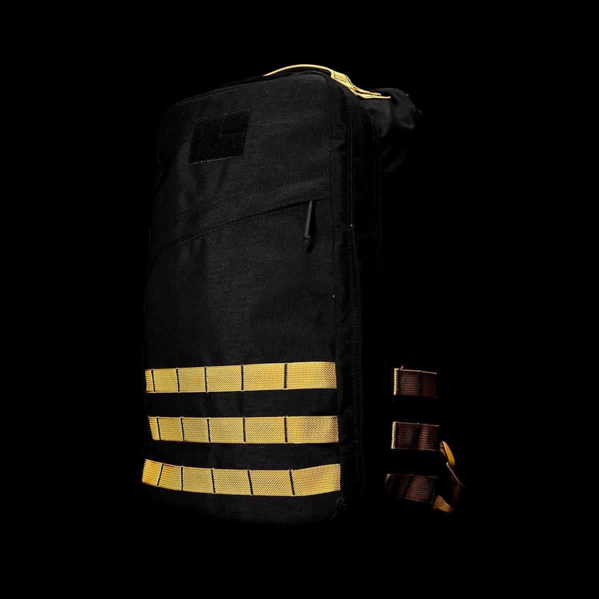 GORUCK Hover GR1 21L black rucksack with yellow straps and durable design for tough rucking gear