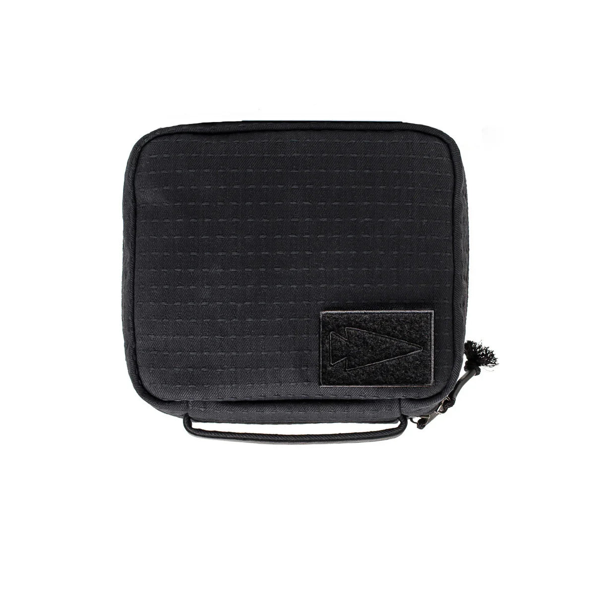 Black rectangular tactical pouch with textured fabric and arrow logo patch, zipper and handle, GORUCK gear
