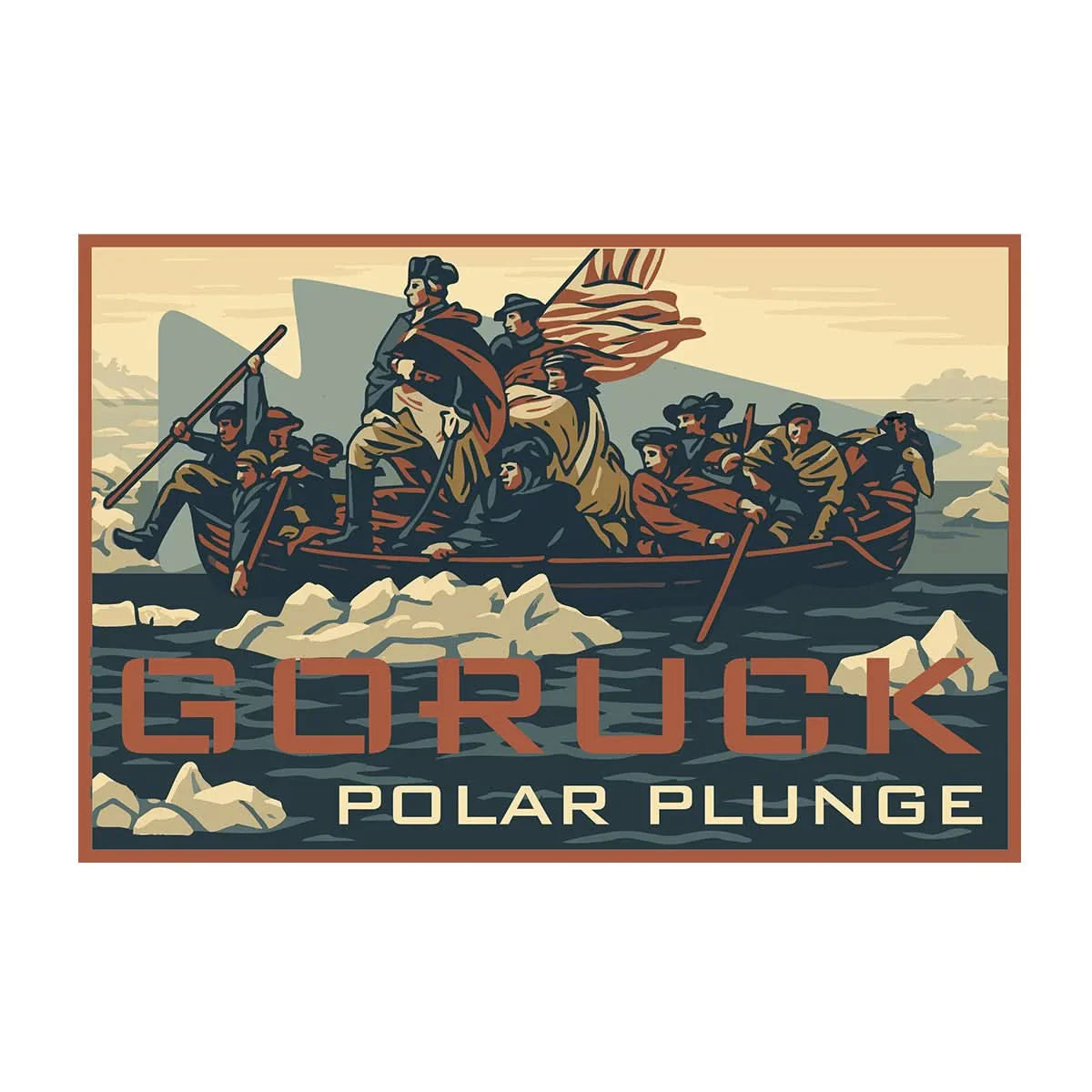Vintage style illustration of men rowing boat through icy waters with American flag, text GORUCK Polar Plunge