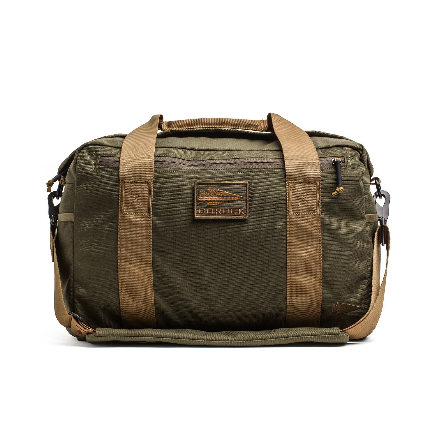 The Kit Bag (Includes Shoulder Strap) features olive green fabric, tan straps, a front zipper pocket, and a GORUCK patch—ideal for use as a modern aviator’s kit bag or a rugged deployment bag.