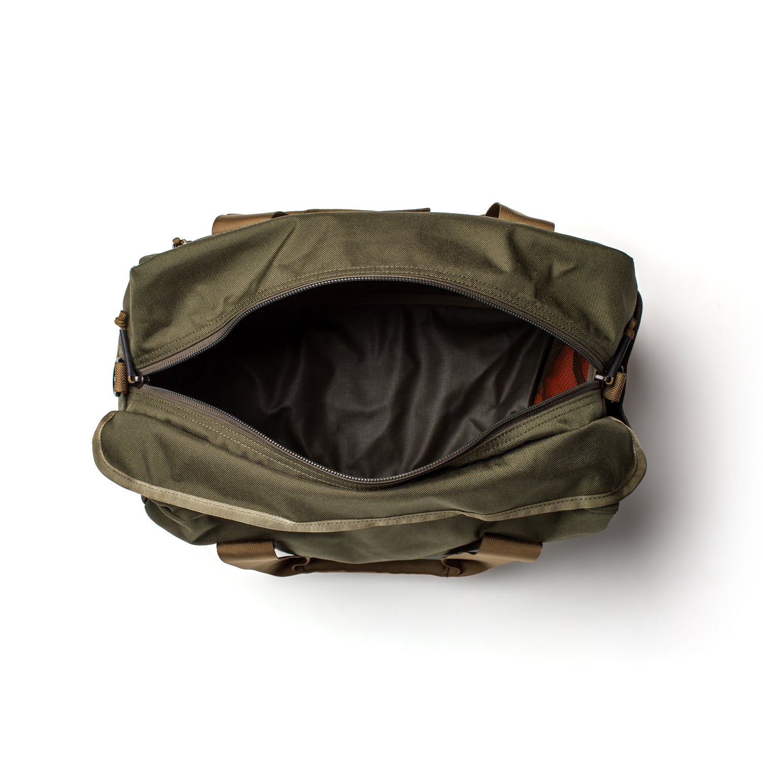 Top view of an open, empty olive green Kit Bag (Includes Shoulder Strap) with brown straps, shown against a white background.