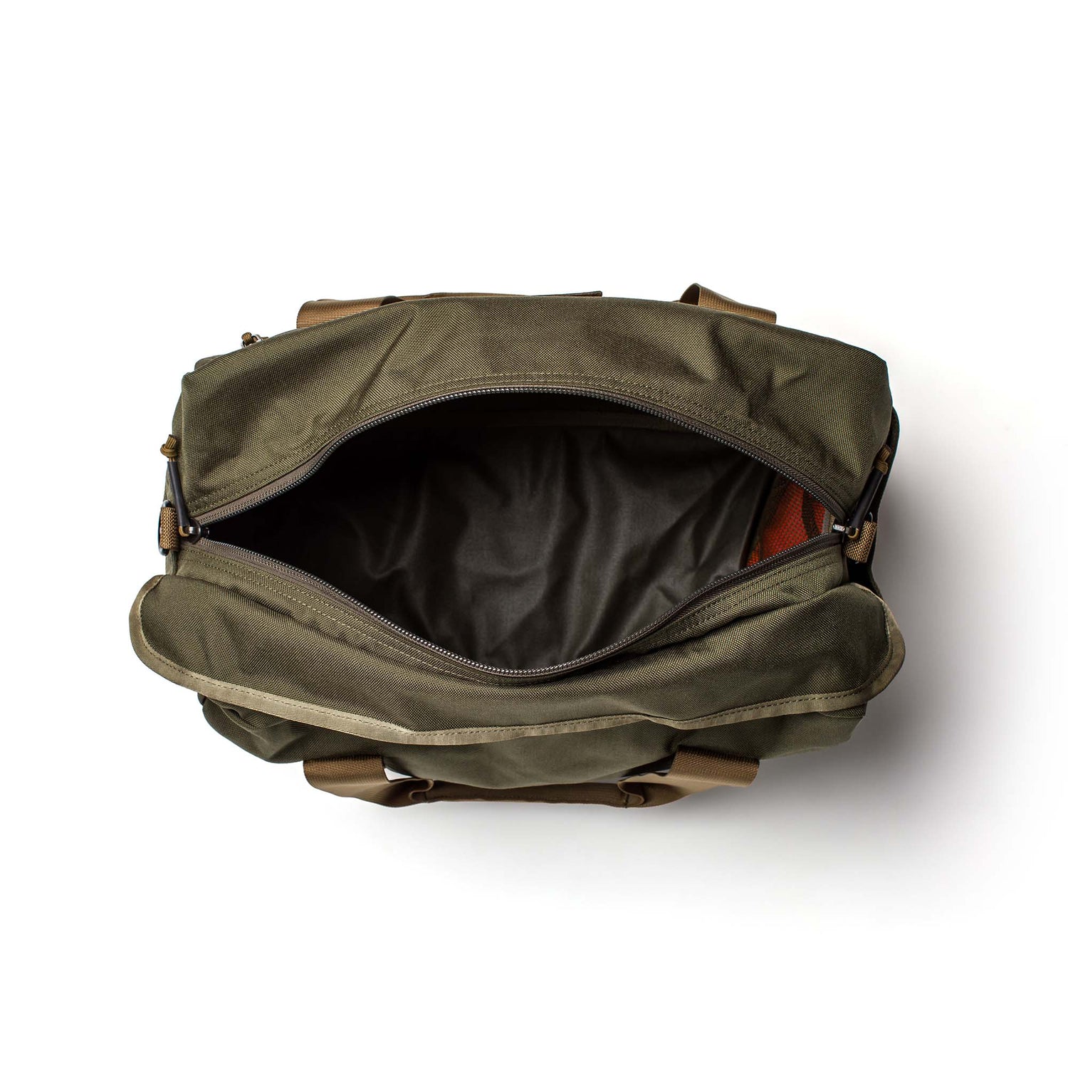 Olive green Kit Bag (Includes Shoulder Strap) with zipper open, showing an empty interior, photographed from above against a white background.