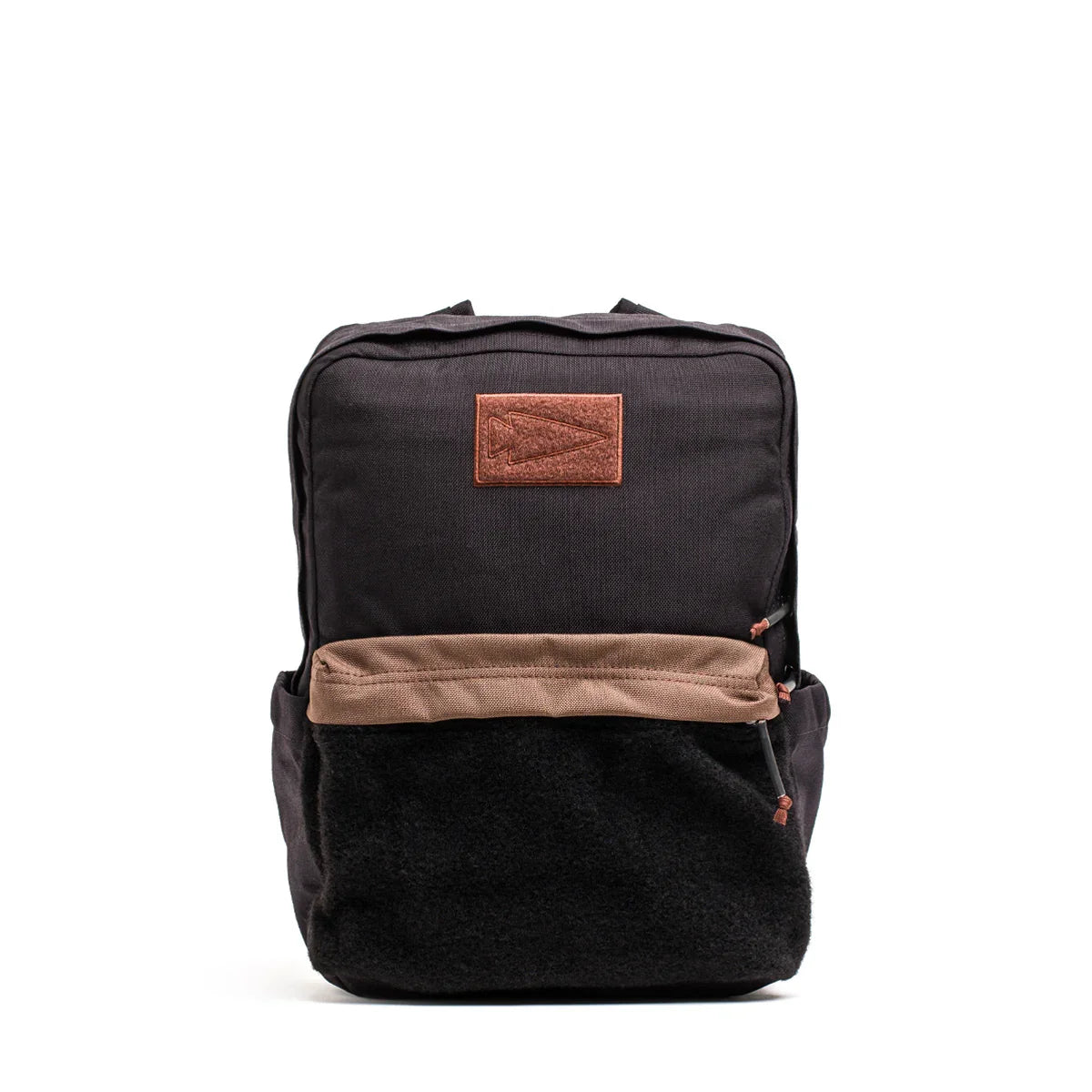 GORUCK black and brown rucksack with front fleece pocket and leather arrow patch