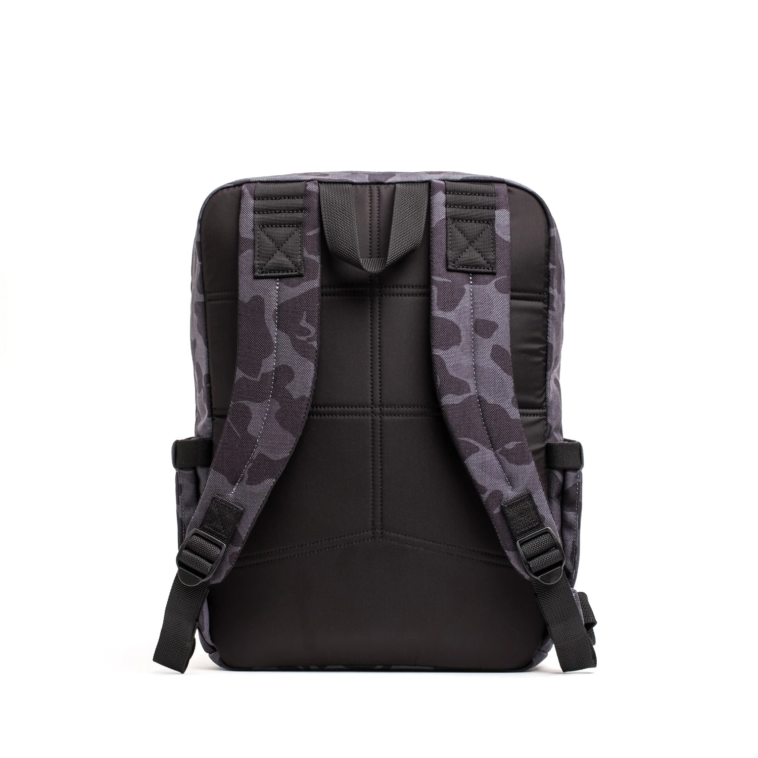 Back view of GORUCK rucking backpack in black frogskin camouflage with padded shoulder straps and sturdy handle