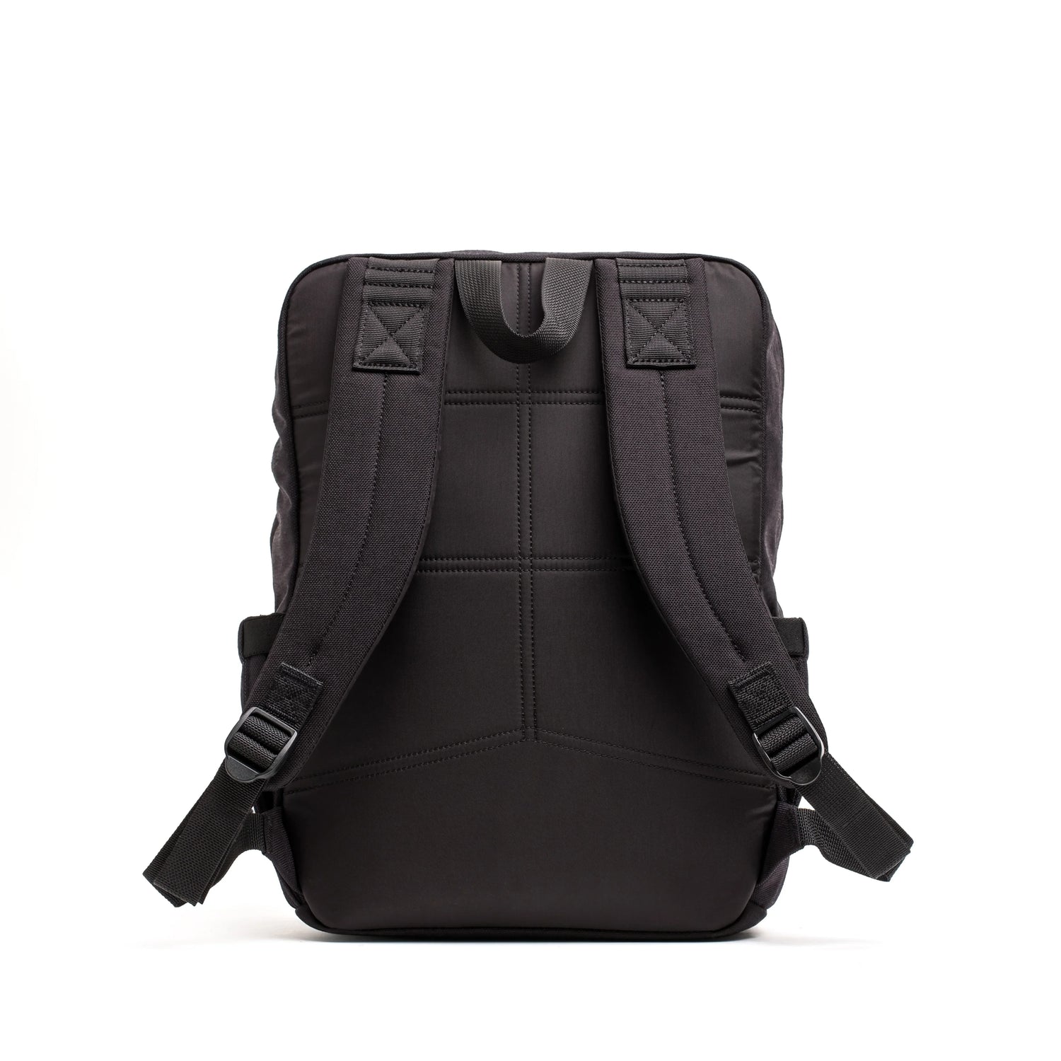 Back view of black GORUCK backpack with padded straps and reinforced stitching for durability