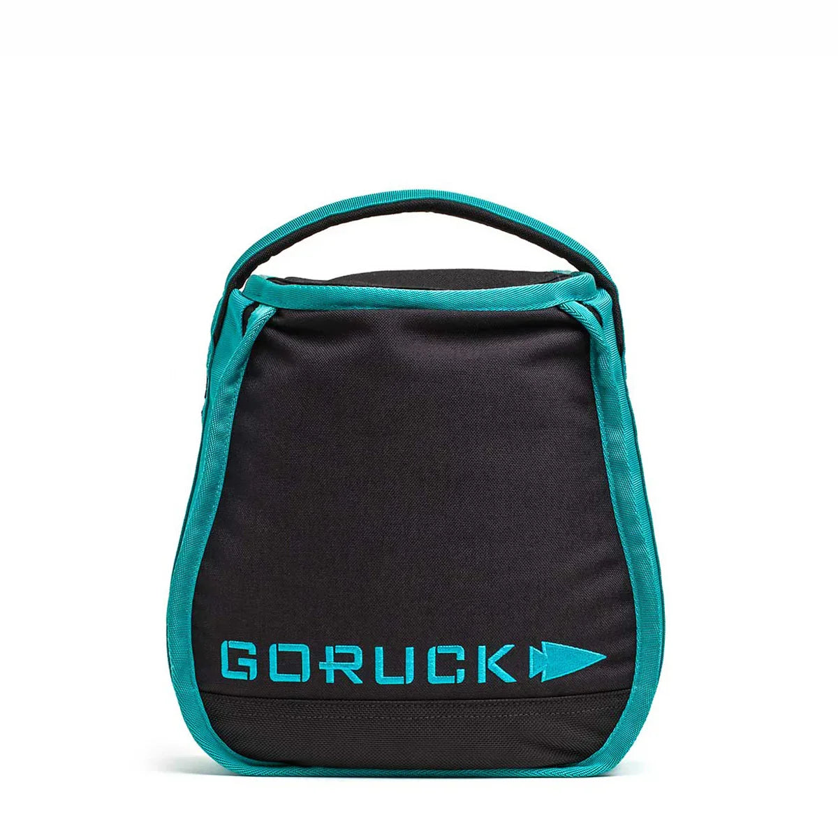 GORUCK black kettlebell bag with teal trim and handle designed for durable fitness gear storage