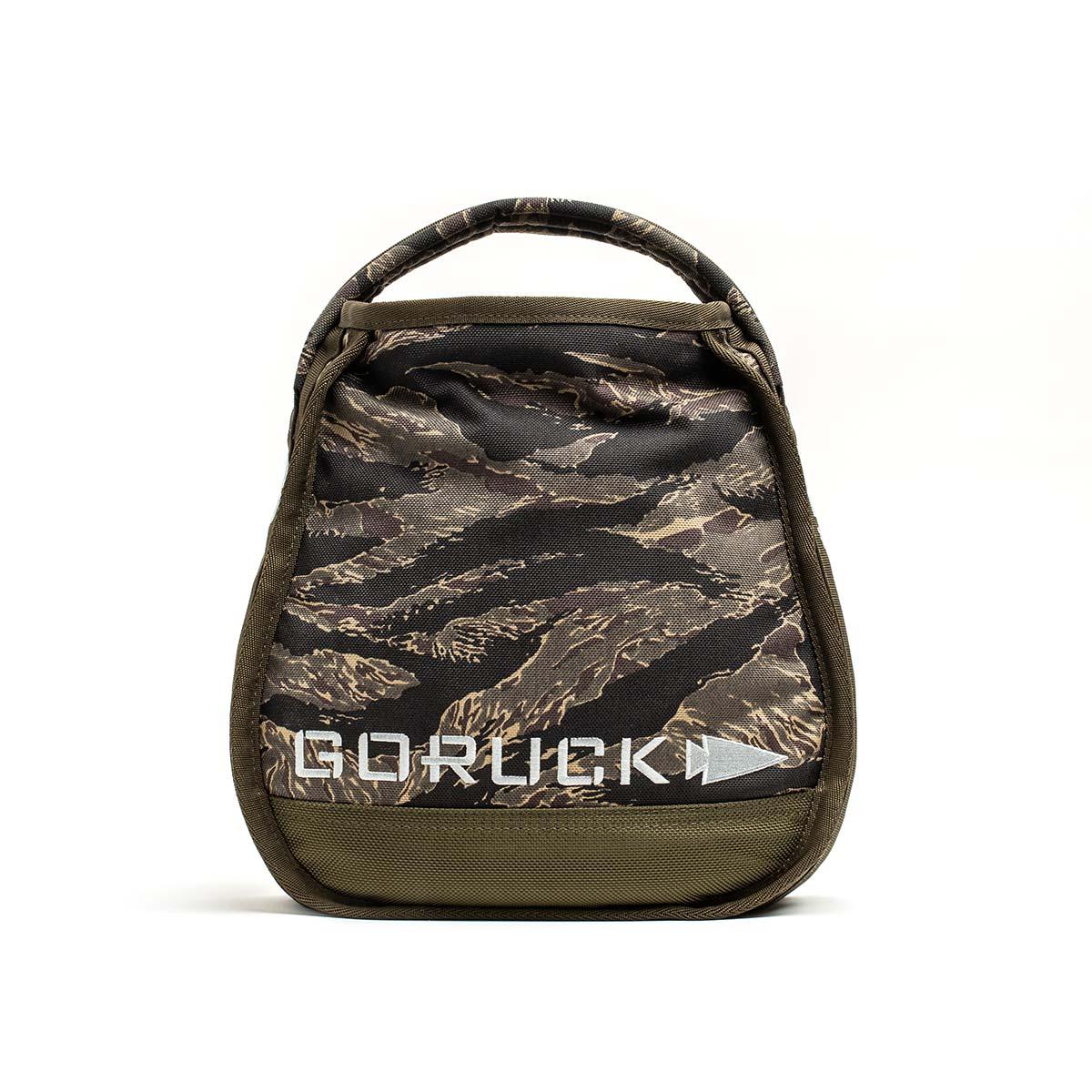 GORUCK 12KG kettlebell with tiger stripe camo pattern on white background