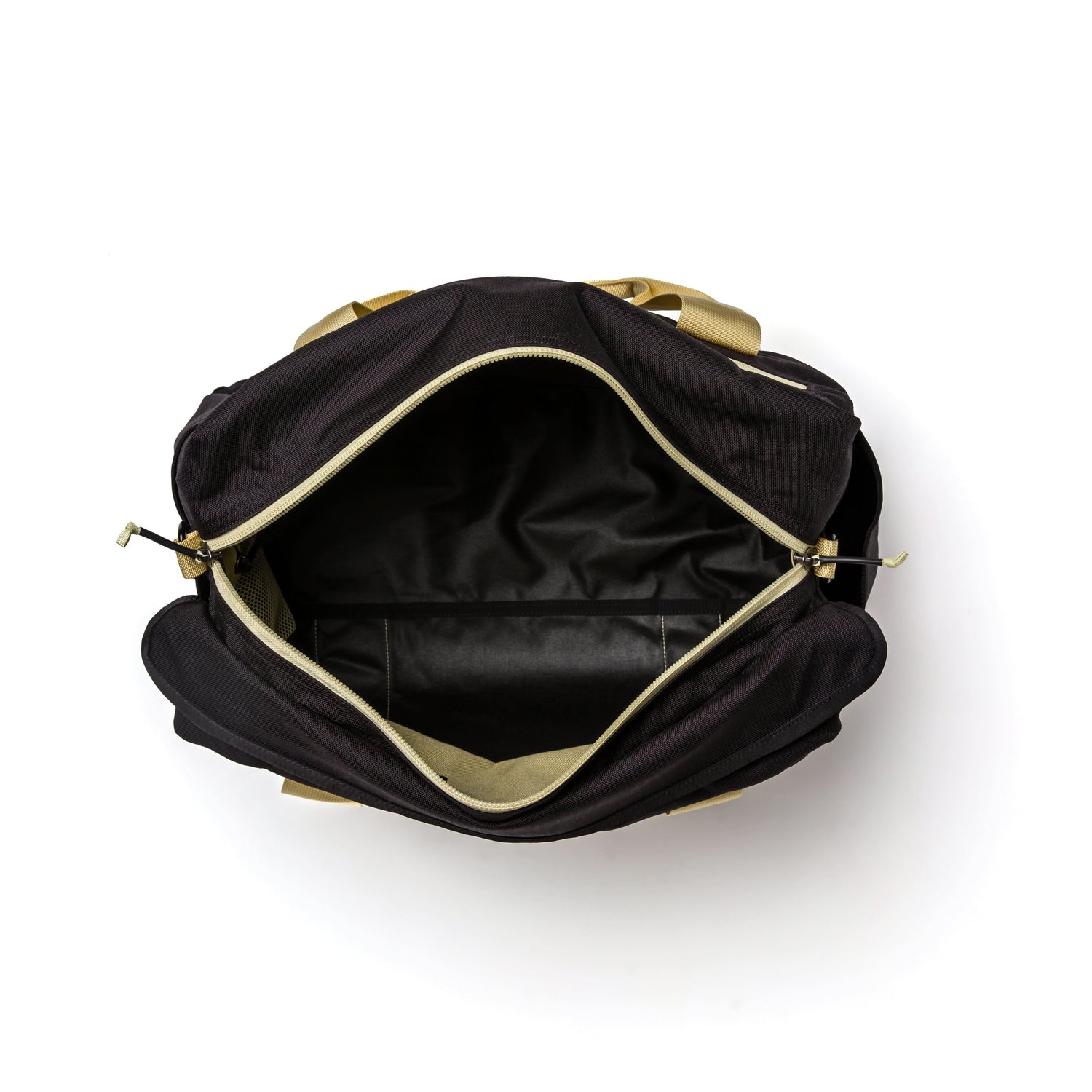 GORUCK black and light gold rucksack gym bag with open top showing spacious interior