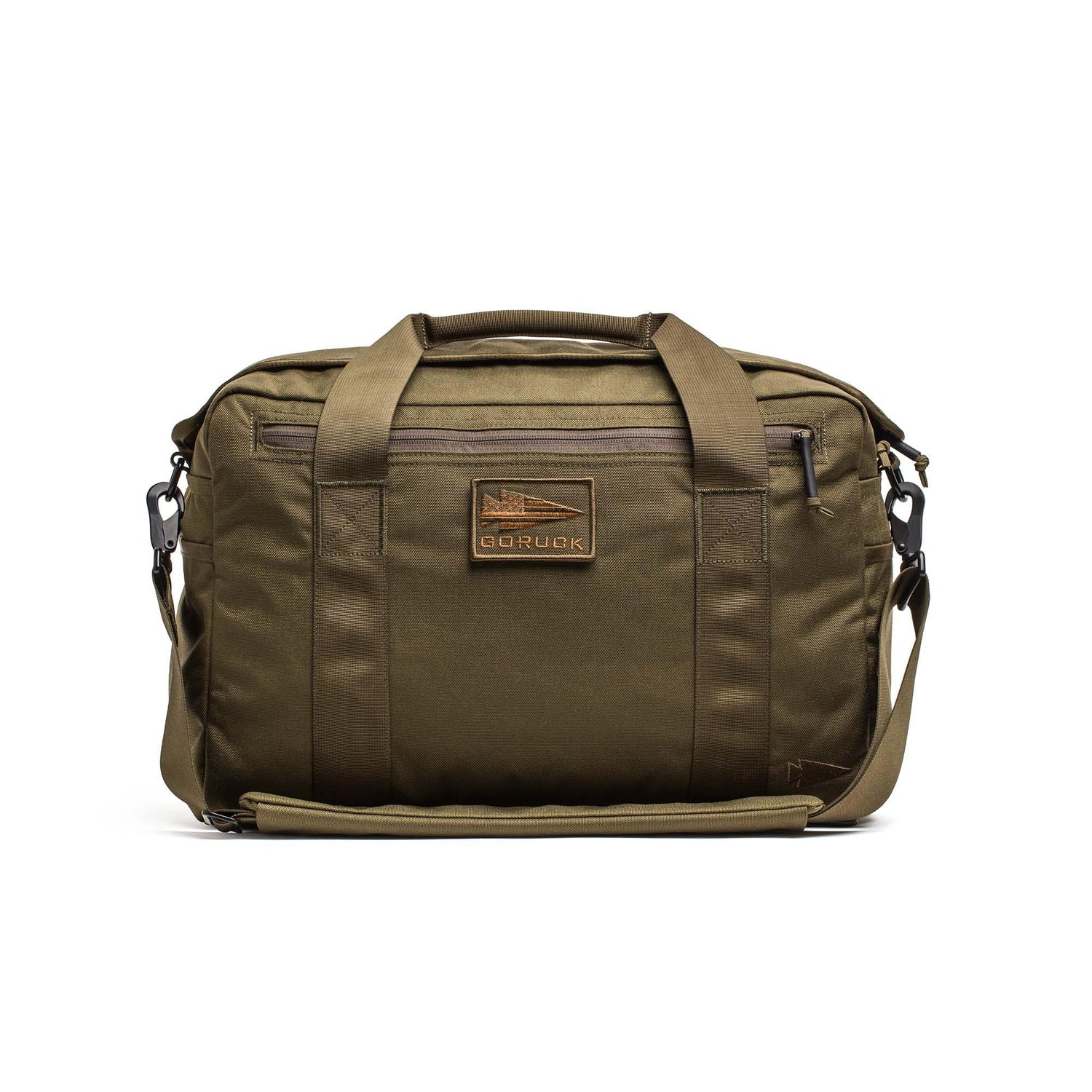 GORUCK Ranger Green Kit Bag with shoulder strap and rugged handles, front view