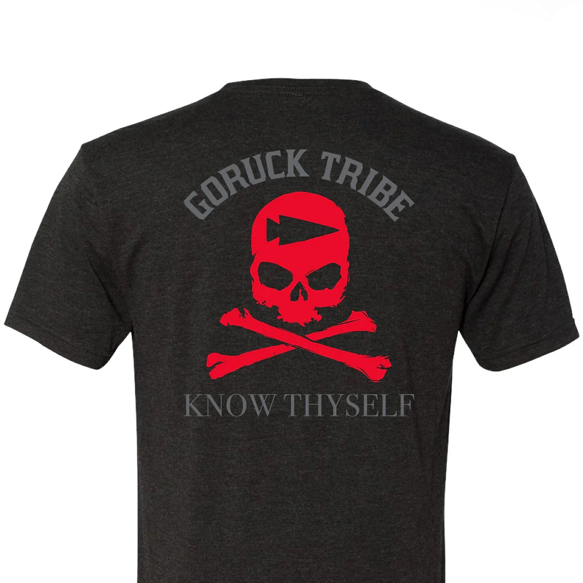 Back of dark t-shirt with red skull and crossbones graphic and gray text GORUCK TRIBE and KNOW THYSELF