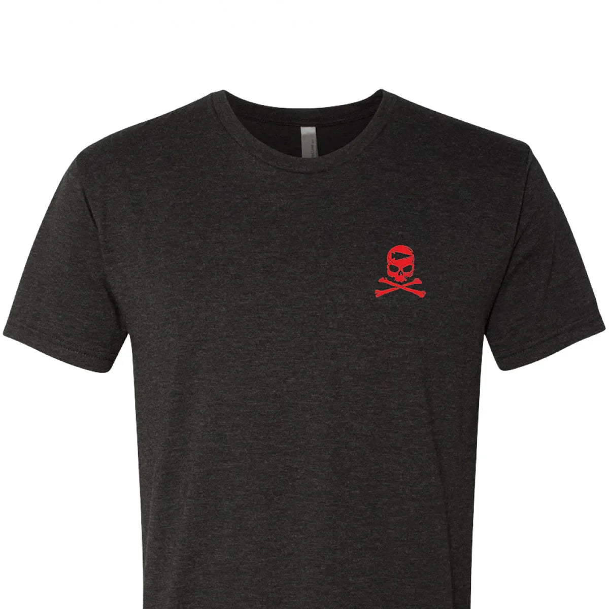 Dark gray GORUCK t-shirt with small red skull and crossed bones logo on chest