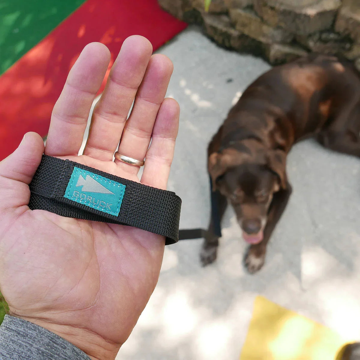 Hand holding black GORUCK wrist strap with dog lying on concrete floor in background