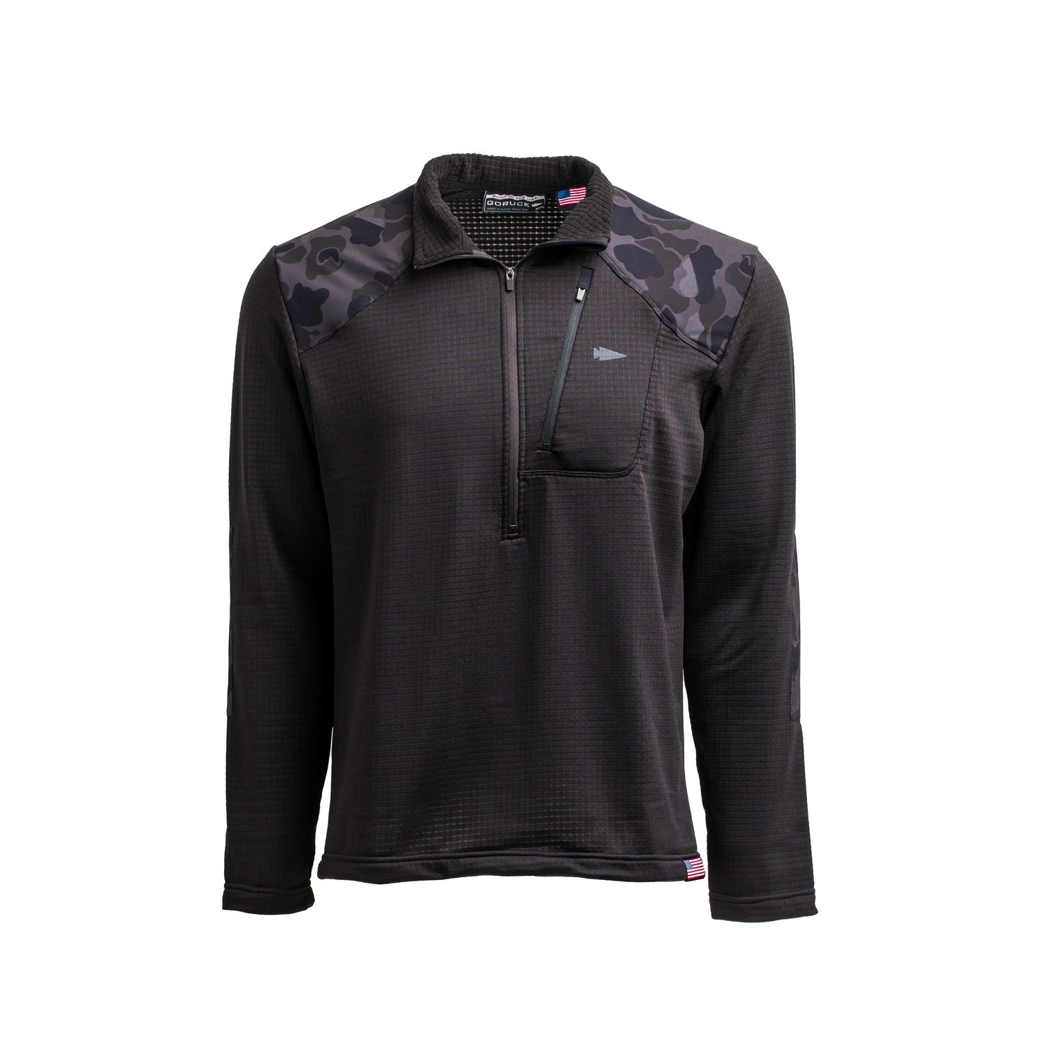 The Men’s Half Zip - Polartec Grid Fleece is a black pullover with camouflage shoulder patches, crafted from ToughDry® Fabric for durability. It features a zippered chest pocket and is displayed against a white background.