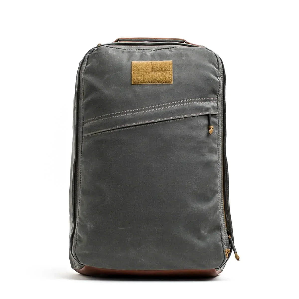 GORUCK Lead Heritage Slate rucksack with orange zipper pulls and waxed canvas finish