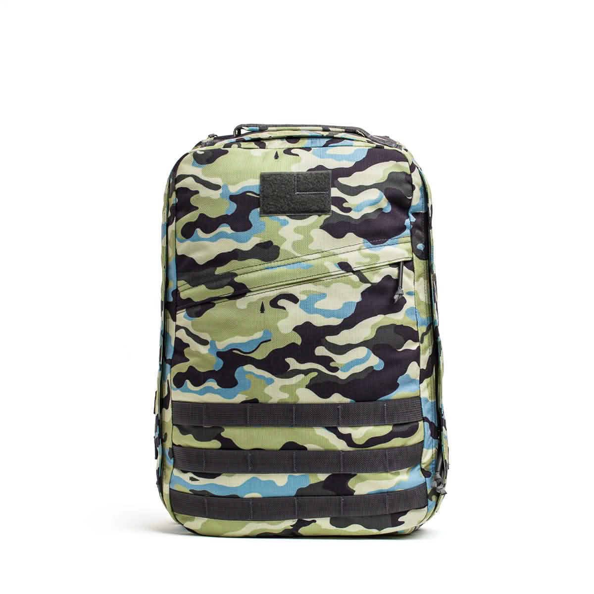 The GR1 USA - Cordura backpack features a camo pattern, front zipper pocket, and black horizontal straps, displayed against a white background.