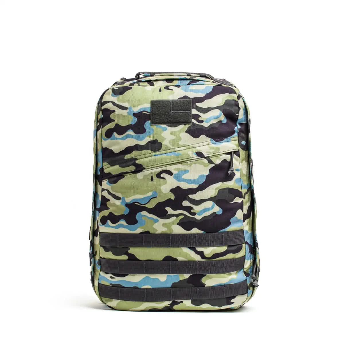 GORUCK rucksack in Everglades camo with front zip pocket, black webbing, and top handle