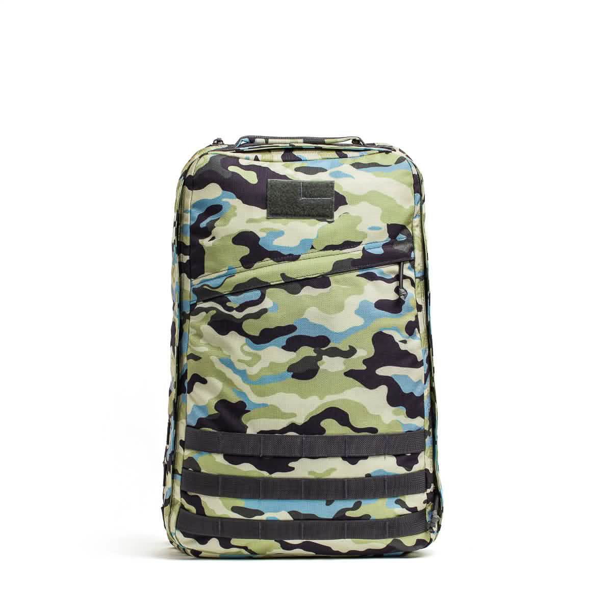 The GR1 USA - Cordura backpack features a camo pattern in green, blue, and black colors, displayed on a white background.