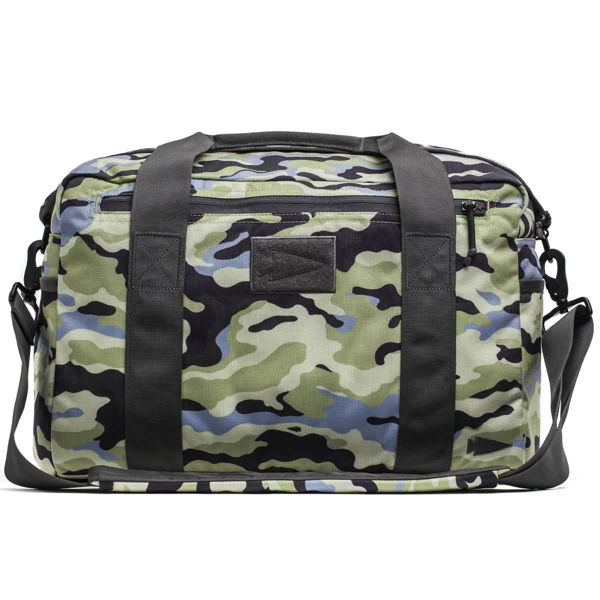 The versatile GORUCK Kit Bag (includes shoulder strap) features a green, black, and gray camouflage pattern, complemented by black handles and a shoulder strap. With its front zipper pocket and rectangular patch, it is an ideal choice for anyone in need of rugged deployment bags.
