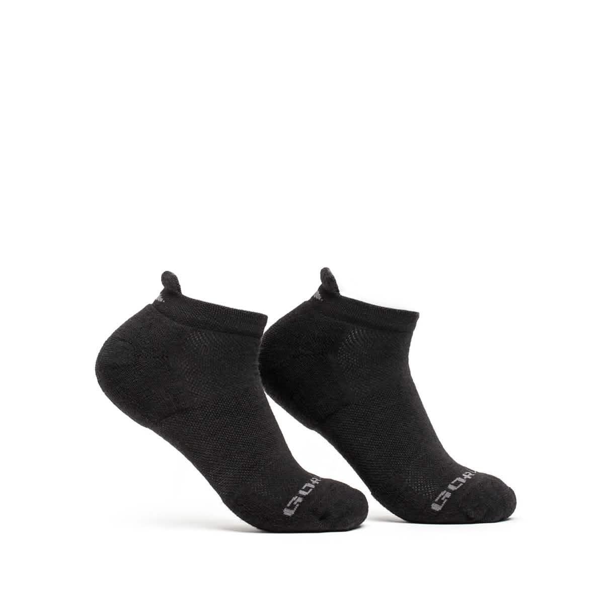 Pair of black GORUCK ankle socks made from breathable Merino wool for durable, comfortable rucking gear