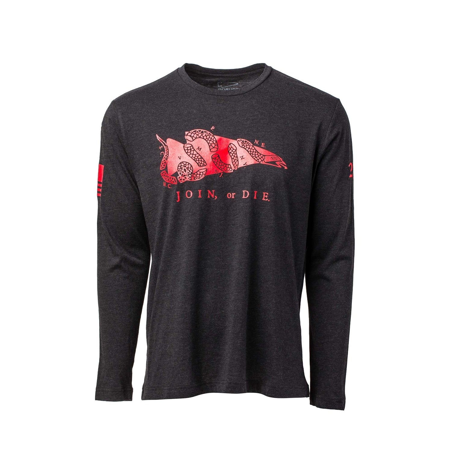 The Men's Join or Die Long Sleeve - Tri-BlendX features a black design with a red segmented snake and