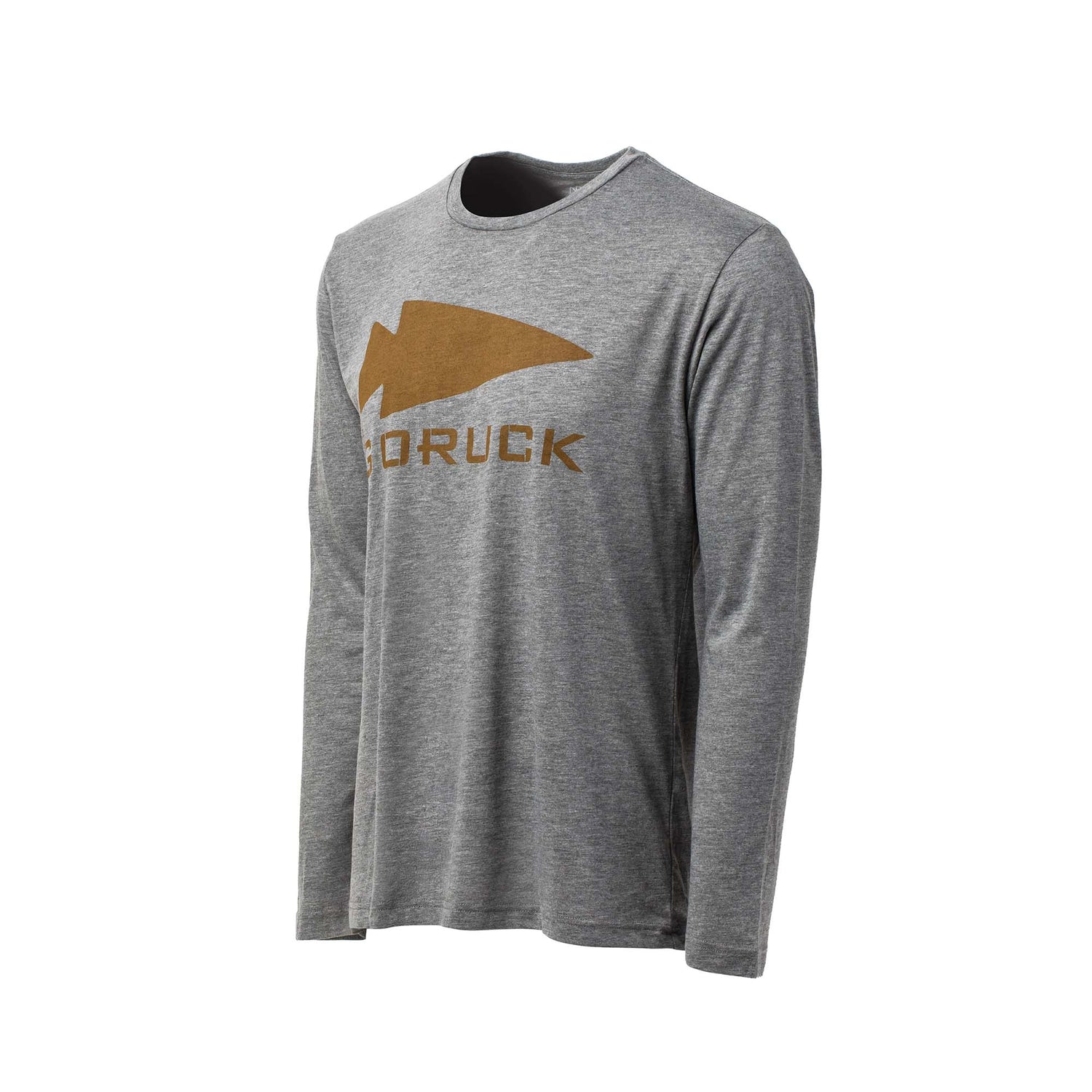 Men's GORUCK Spearhead Long Sleeve - Tri-BlendX in gray, featuring a brown GORUCK spearhead logo and