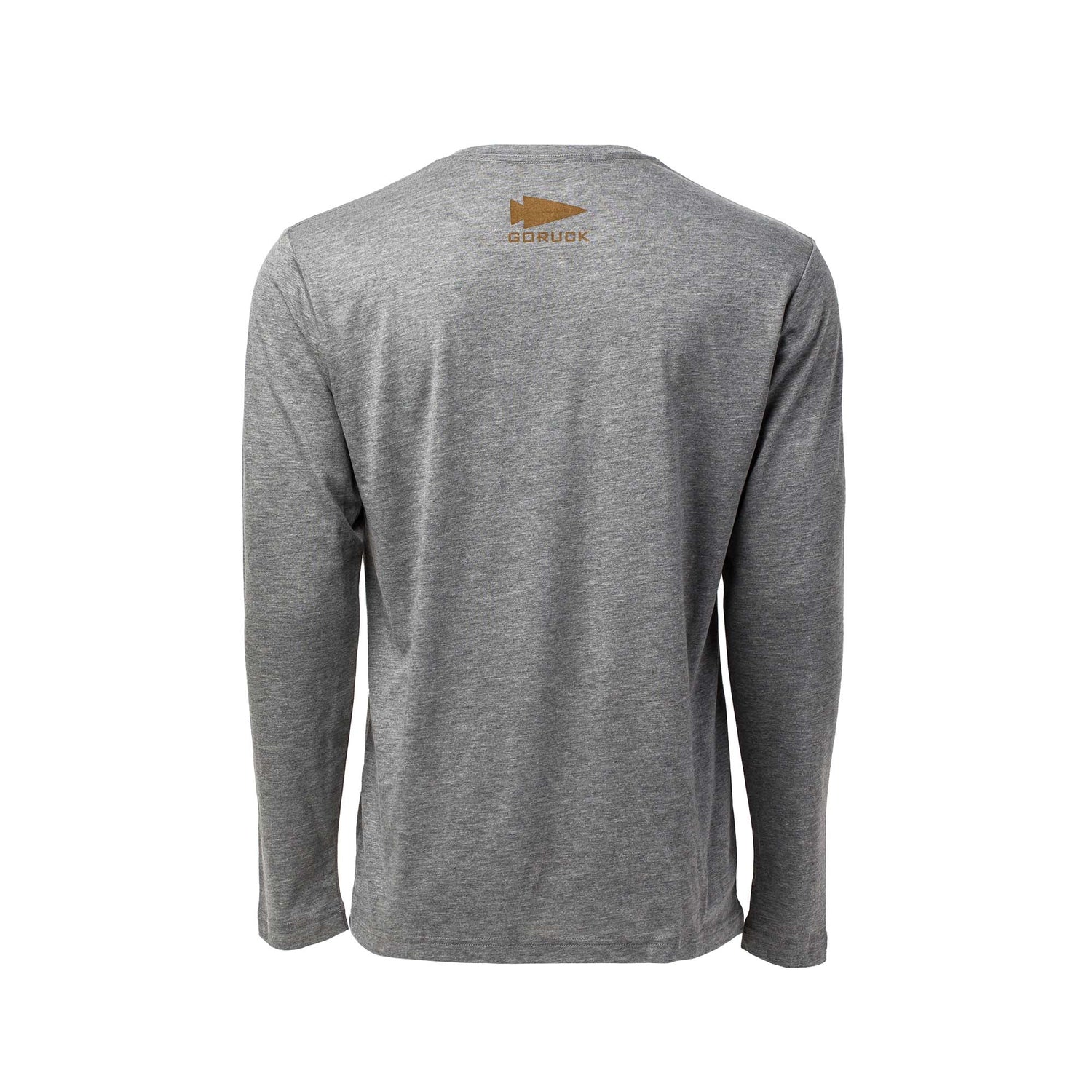 Men's GORUCK Spearhead Long Sleeve - Tri-BlendX in gray, shown from the back with a small spearhead logo near the neckline.