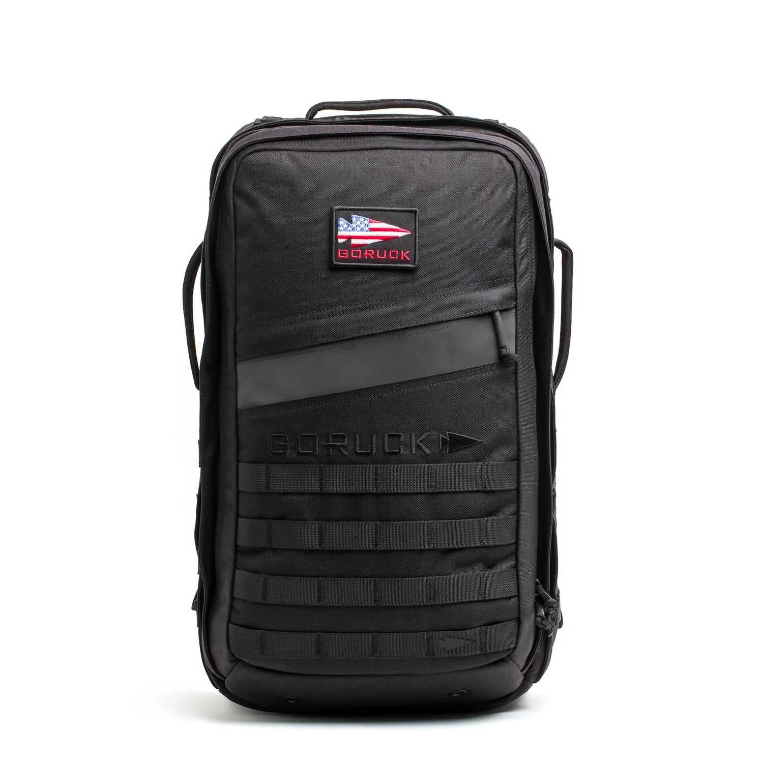 Black GORUCK Long Range Rucker 4.0 backpack with American flag patch and multiple attachment straps