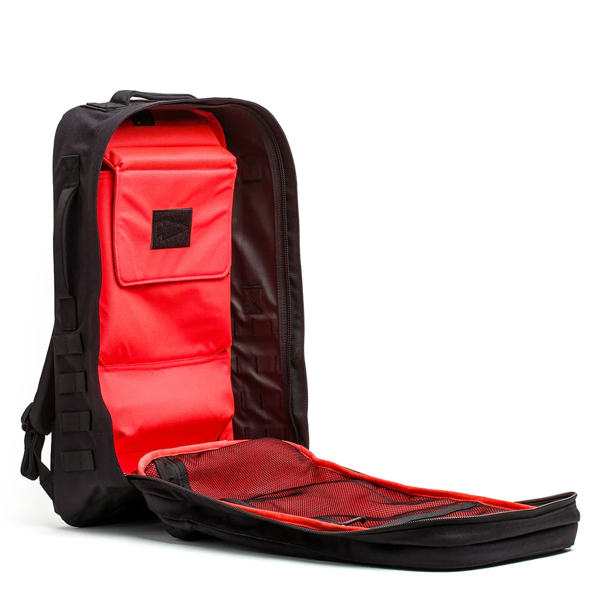 GORUCK Long Range Rucker 4.0 39L black backpack open, bright orange interior, front view