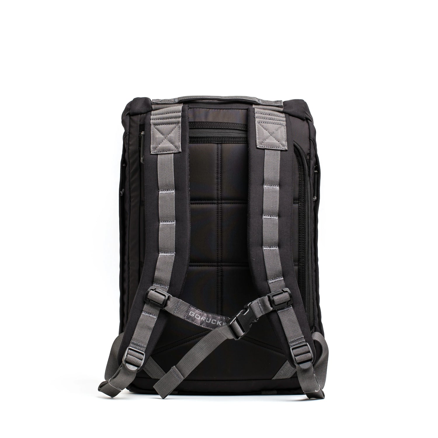GORUCK black rucksack back view with padded shoulder straps and sternum strap on white background