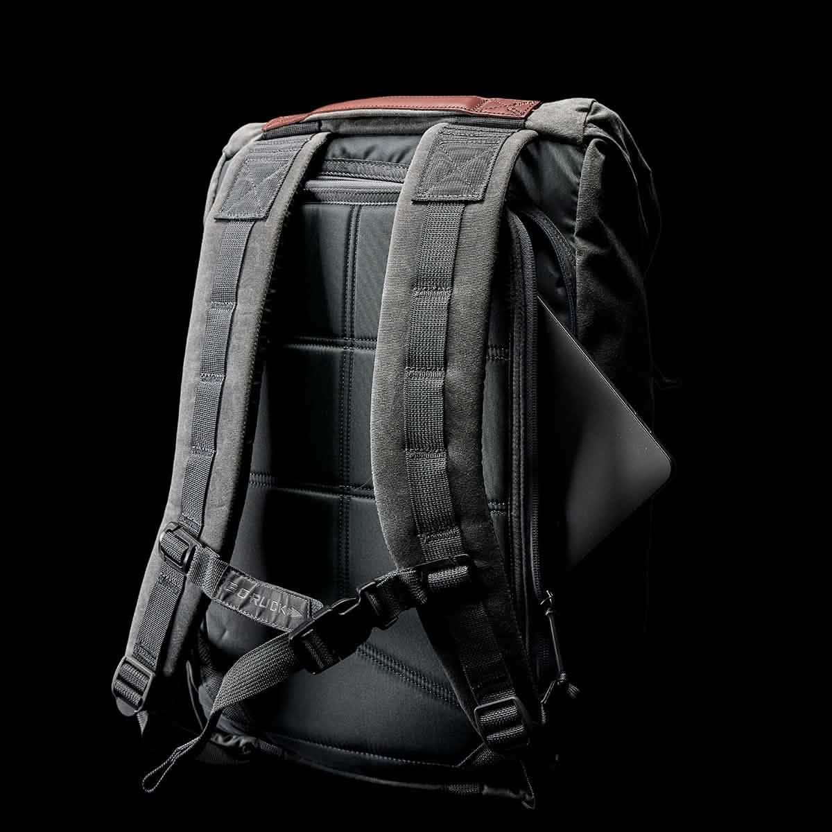 GORUCK slate backpack with padded straps and laptop pocket, rugged rucking gear on black background