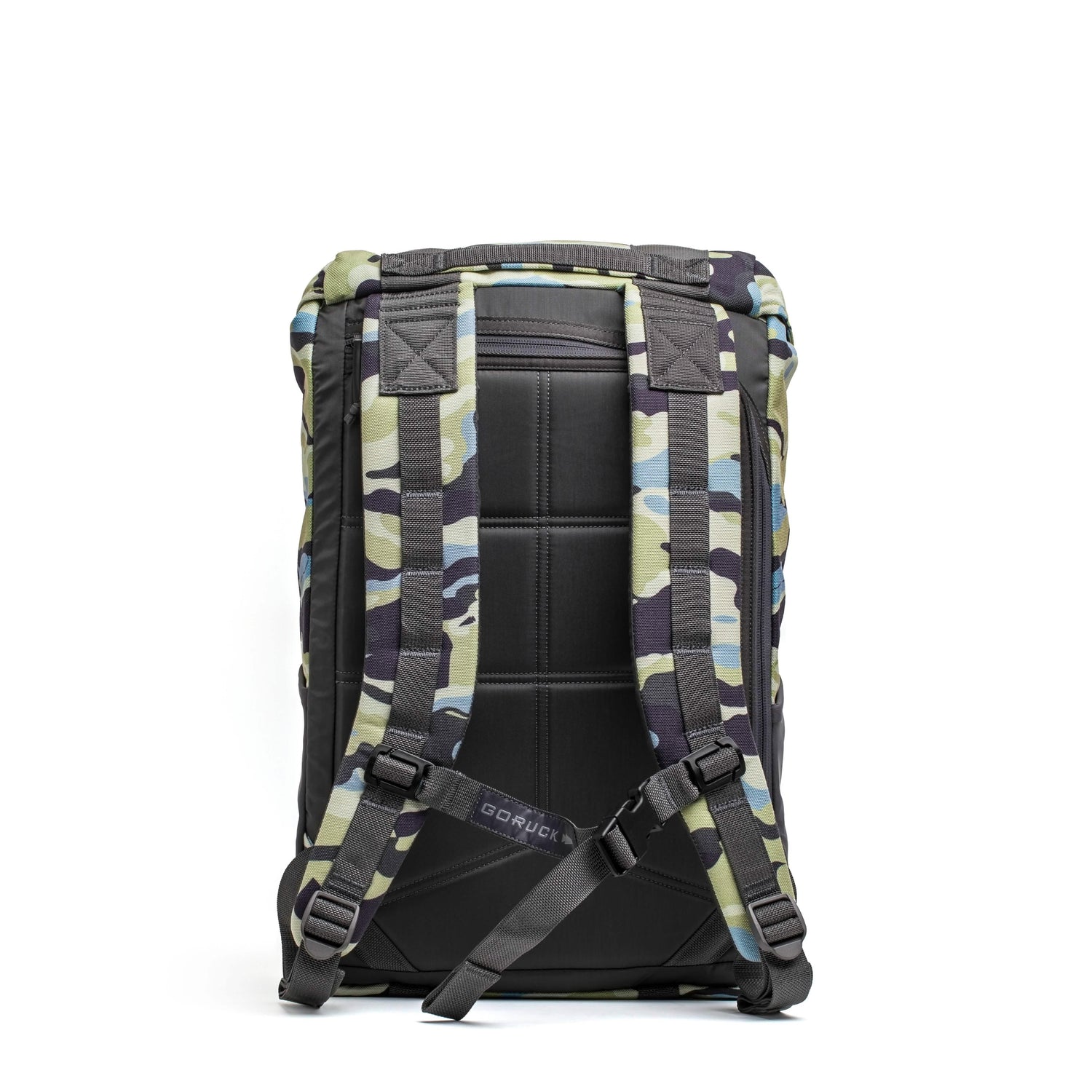 Back view of GORUCK tough ruckpack in Everglades camouflage with padded straps and sternum buckle