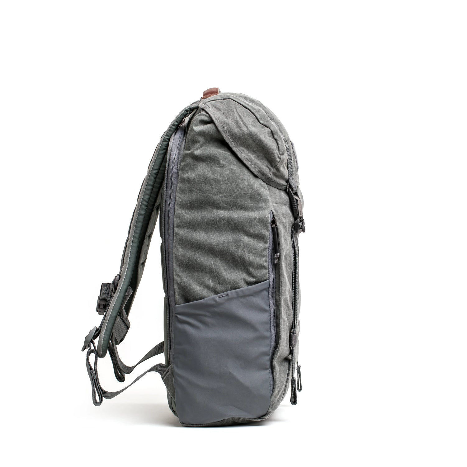 GORUCK Heritage Slate rucking backpack side view with padded straps and front zip pocket