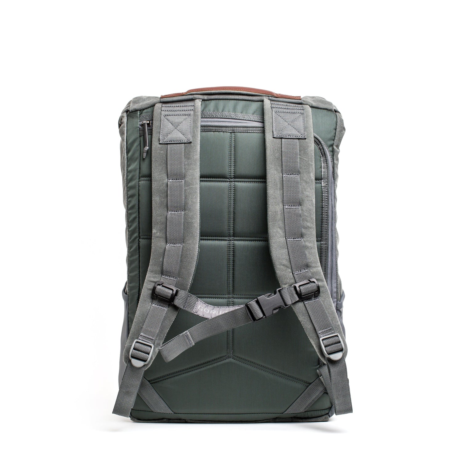 GORUCK Heritage Slate backpack rear view with padded straps and sternum support