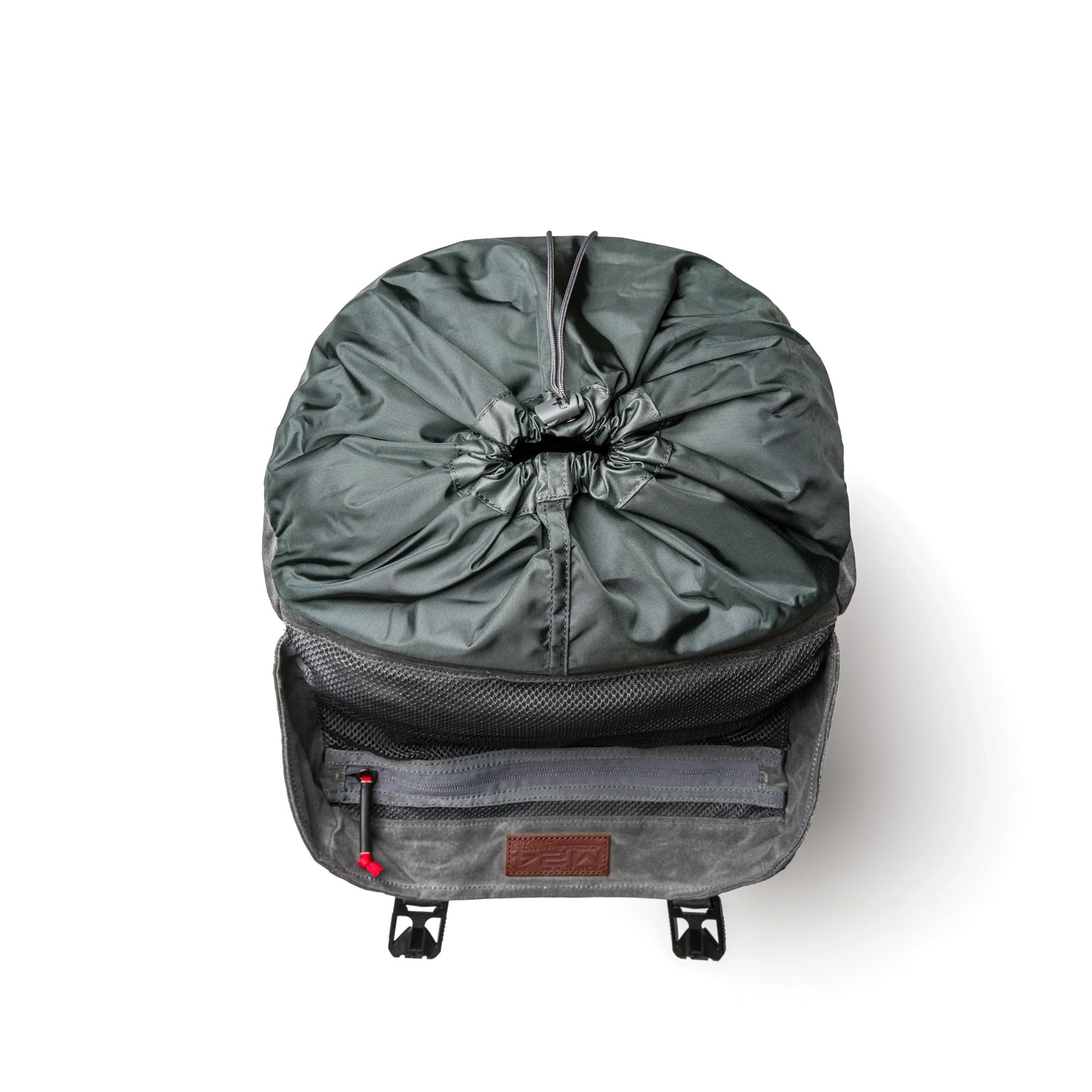 GORUCK heritage slate rucksack with drawstring closure and mesh pocket, top view