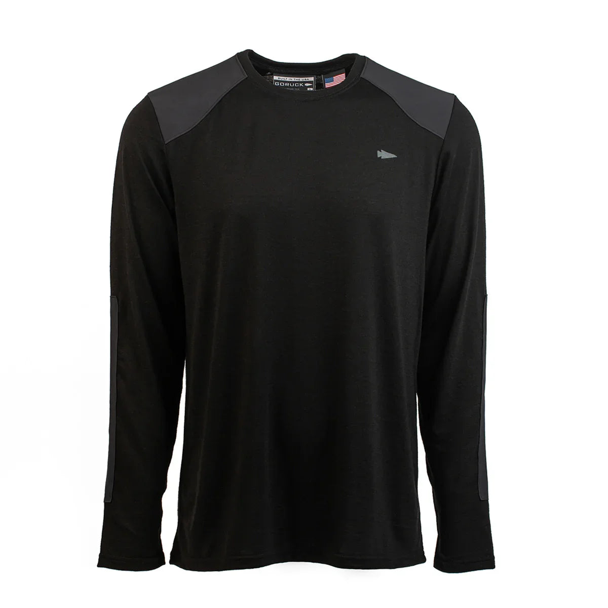 Men's black long sleeve merino wool shirt with reinforced shoulder and elbow patches, GORUCK logo