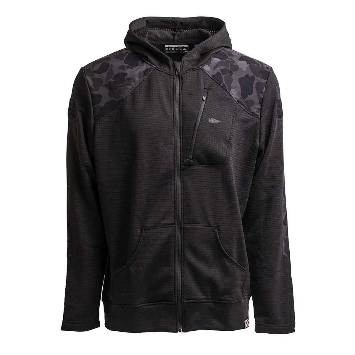 Men's black full-zip hoodie with black frogskin camo shoulder accents and chest zip pocket by GORUCK