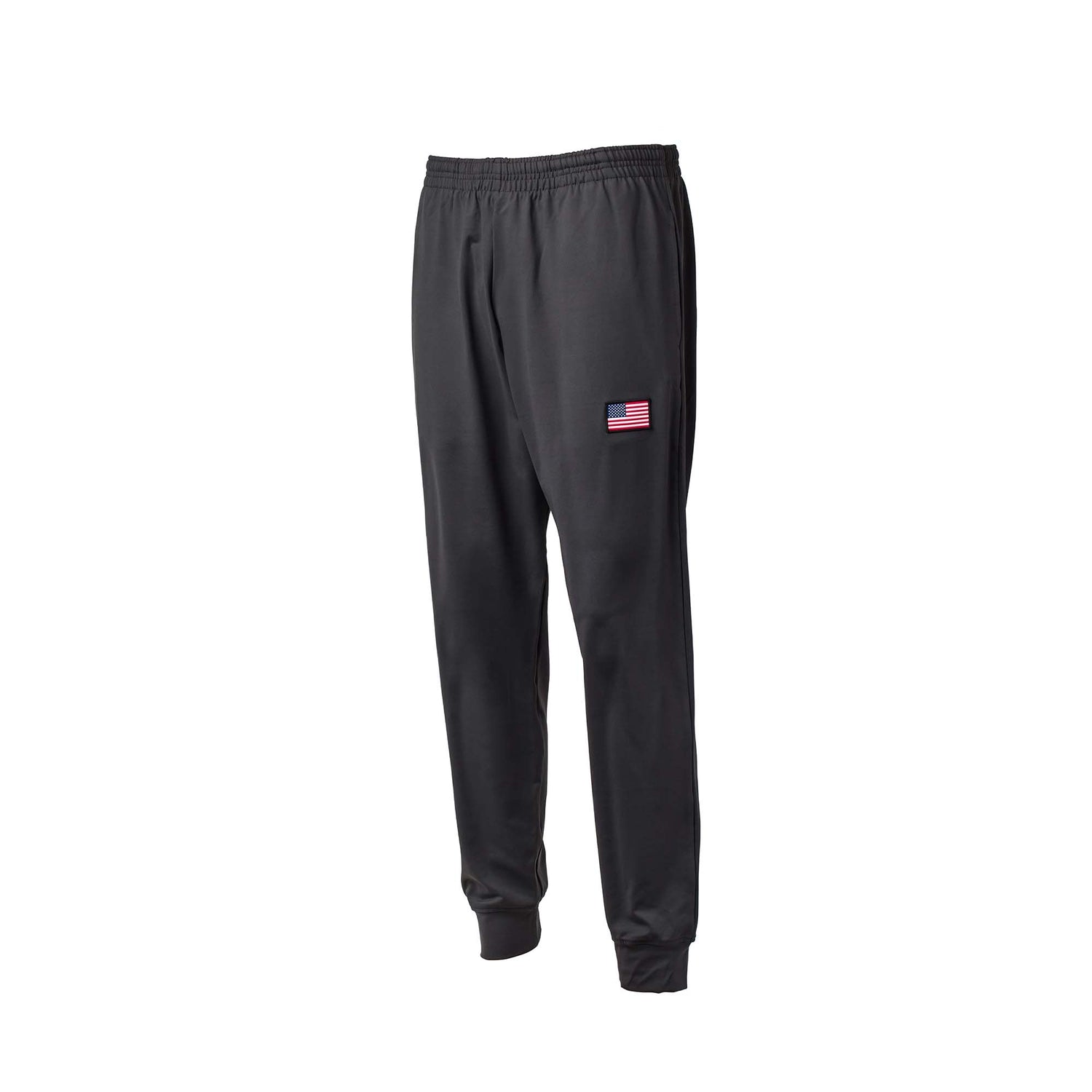 Men’s Training Performance Joggers in black, featuring an elastic waistband, moisture-wicking fabric, and a small American flag patch on the left thigh. Shown isolated on white.