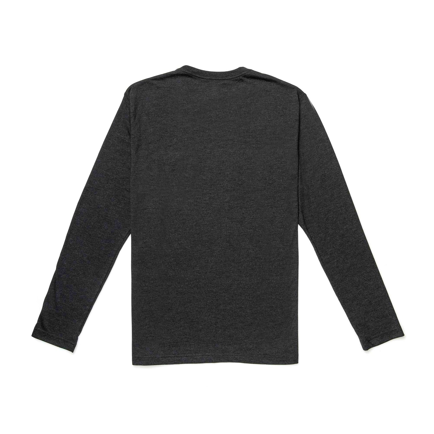 Back view of Men's Long Sleeve Pocket Tee - Tri-Blend in dark gray, with long sleeves and no visible design, laid flat on a white background.