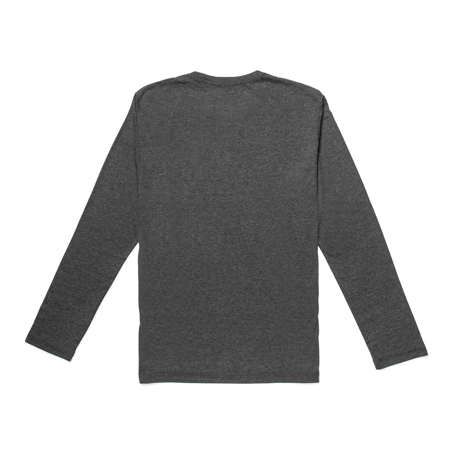 GORUCK men's charcoal long sleeve triblend shirt, back view, laid flat on white background