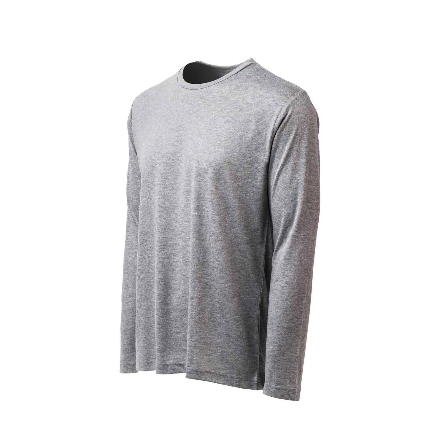 GORUCK men's heather grey long sleeve triblend shirt, size L, blank front, studio view
