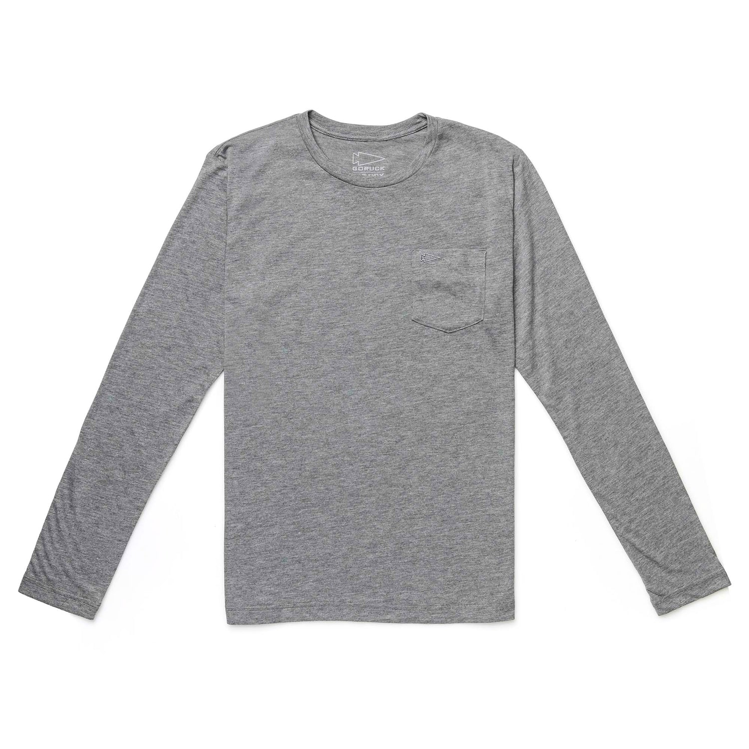 Men's Long Sleeve Pocket Tee - Tri-Blend in gray, featuring a chest pocket, shown laid flat on a white background.