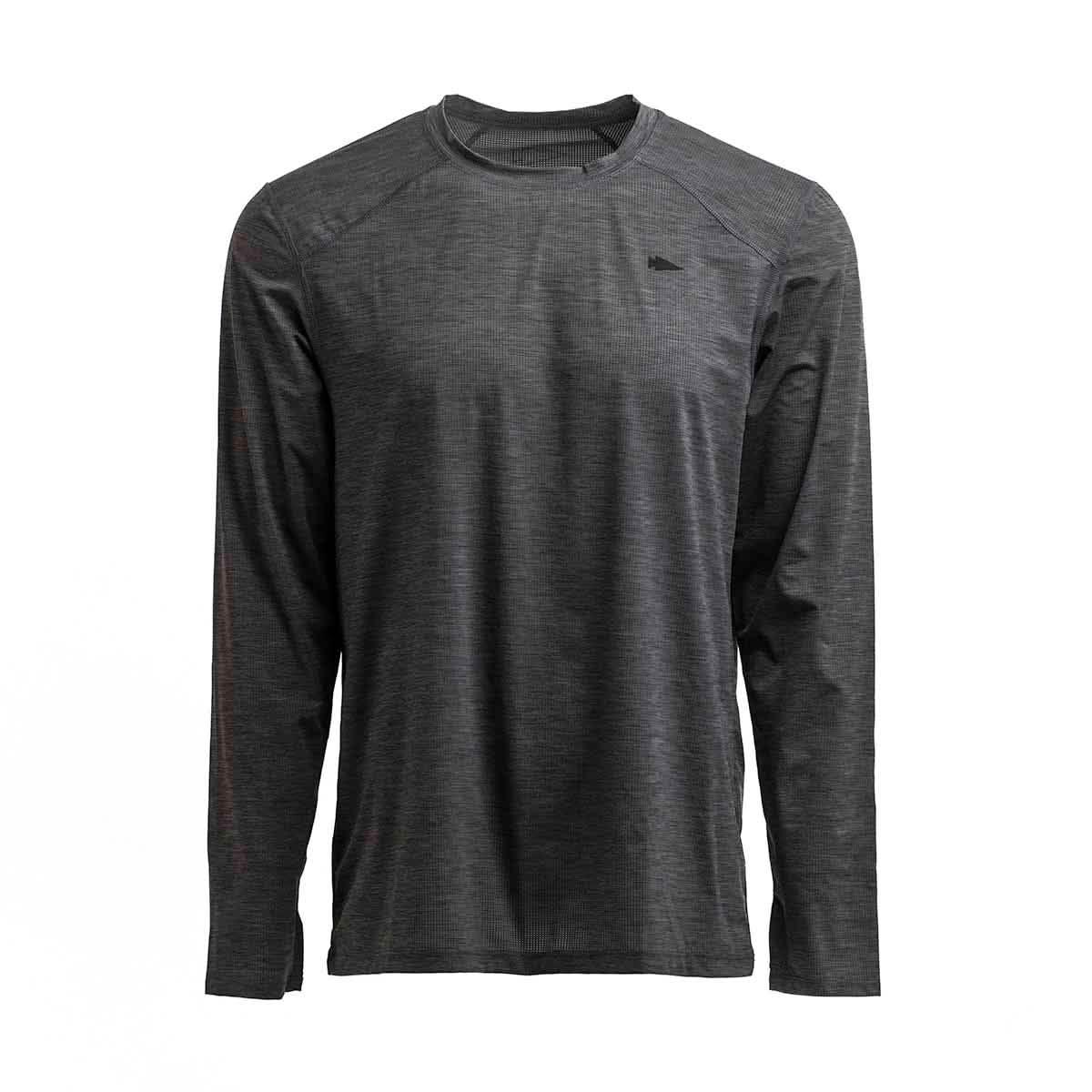 GORUCK men's dark grey long sleeve performance tee with thumbholes, size L, front view